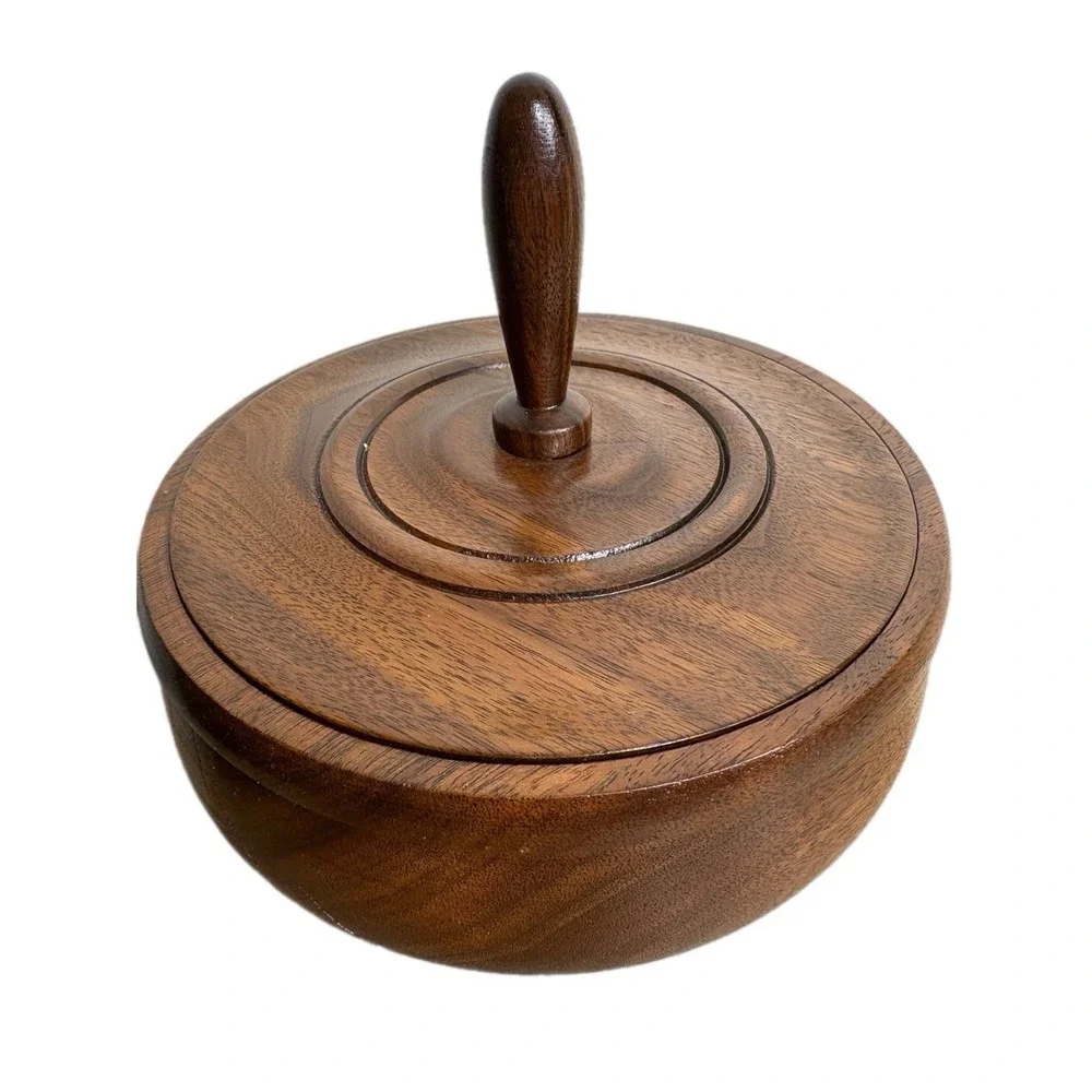 Vintage Wooden Bowl With Lid Mixed‎ Walnut Hand Turned MCM 70's Era Trinket Box